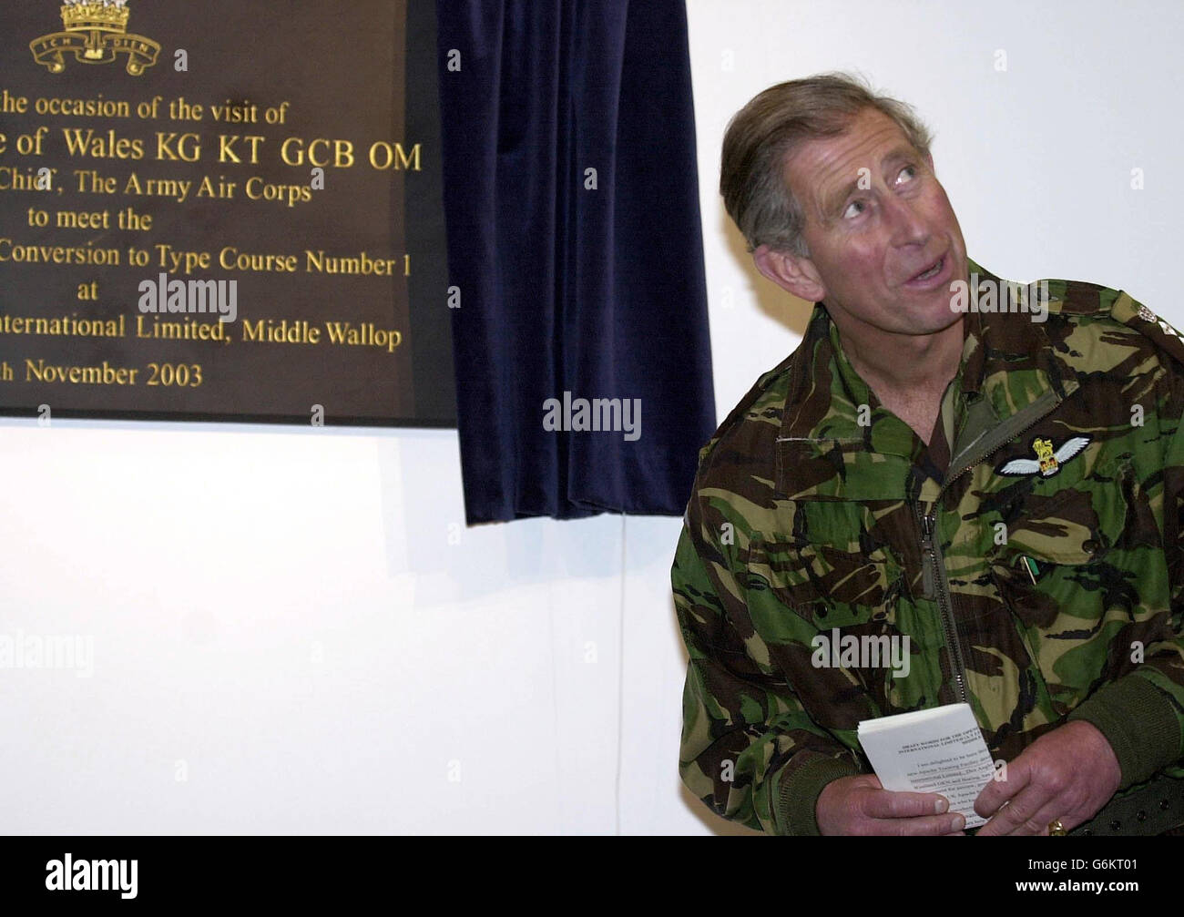 The Prince of Wales, Colonel in Chief of the Army Air Corps, after unveiling a plaque during his visit to the training section at the Regiment's base at Middle Wallop, Wiltshire. Stock Photo