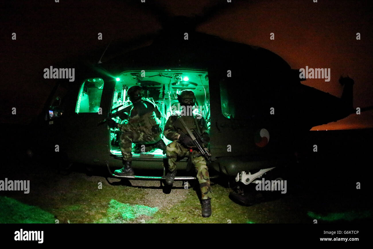 Members of the Army Ranger Wing (ARW) aboard an AW-139 helicopter at the Curragh Camp, Kildare. Stock Photo