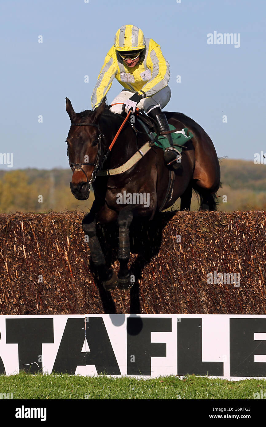 Jockey Will Kennedy on Salut Honore in the Nasmyth 10th Anniversary Handicap Chase at Towcester Racecourse, Northamptonshire. Stock Photo