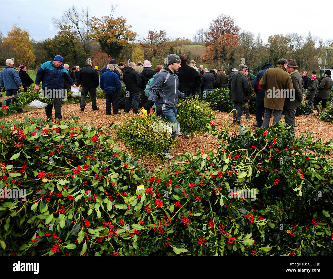 Buyers at the auction sale of holly, mistletoe, wreaths and Christmas