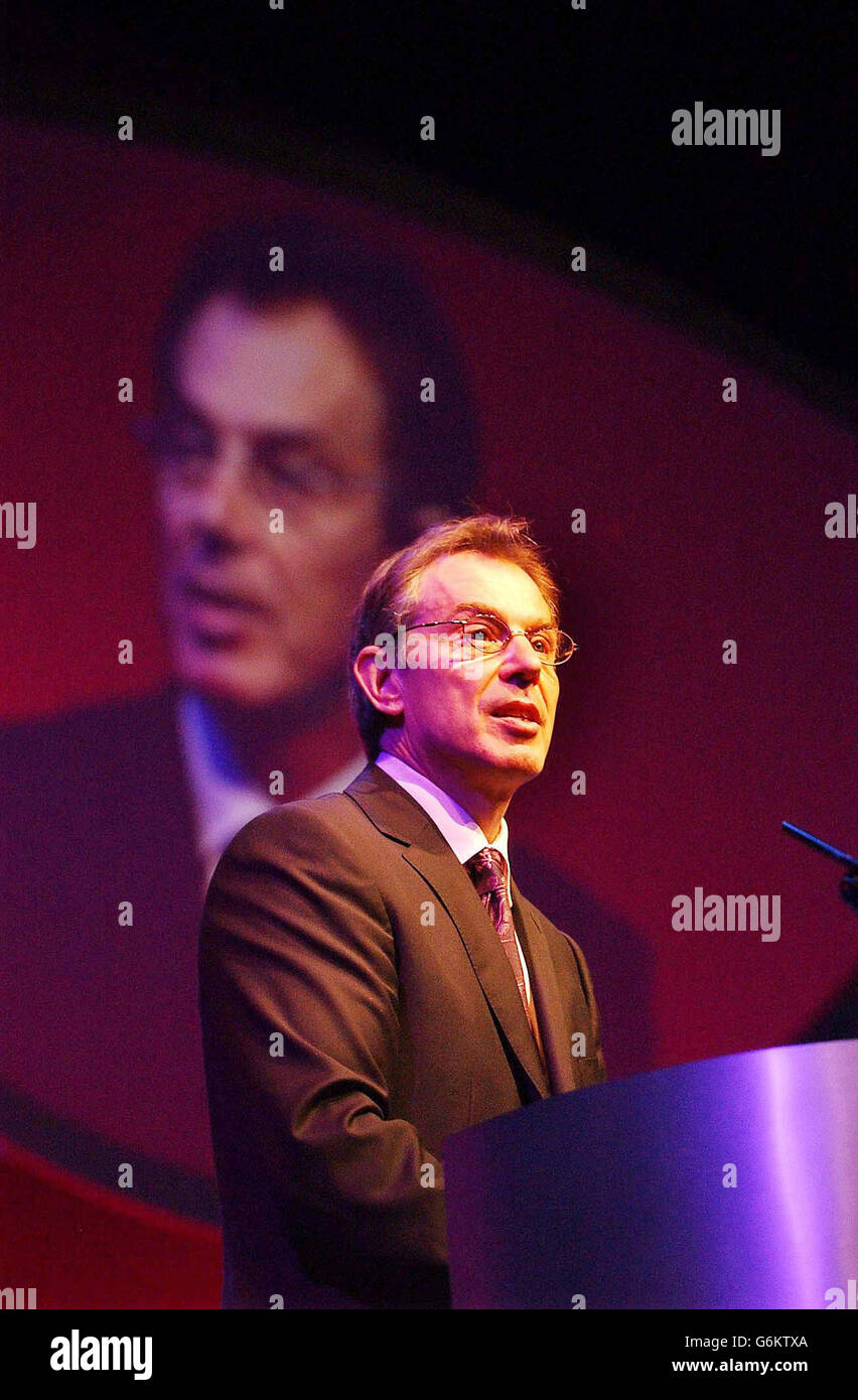 Prime Minister Tony Blair during his address to the CBI National Conference at The ICC in Birmingham, when he signalled further radical reform of public services , declaring that 'one size fits all' provision is a thing of the past. Despite the looming parliamentary battle over the Government's plans for foundation hospitals, Mr Blair made clear he has no intention of lessening the pace of change in the public services. Stock Photo