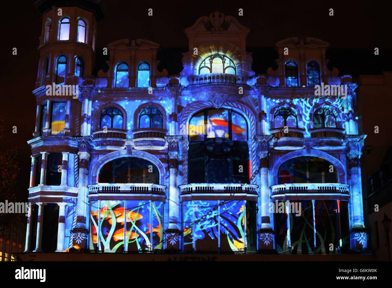 A projection entitled Voyage on Austins Department store in Londonderry as the Lumiere festival opens as part of the UK City of Culture celebtrations, Londonderry. Stock Photo