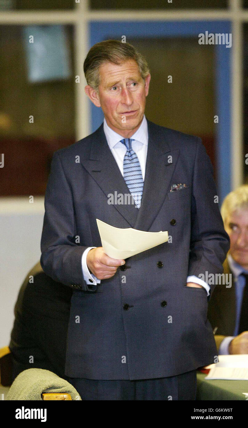 The Prince of Wales makes a speech during his visit to HM Prison Wymott in Lancashire, where he met with inmates involved in a work training scheme. Stock Photo