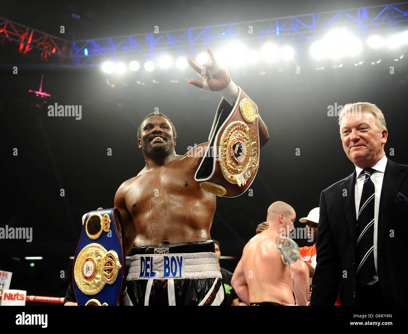 Dereck Chisora celebrates after winning his fight with Ondrej Pala during  the WBO International Heavyweight Title and Vacant WBA International  Heavyweight title fight at the Copper Box Arena, Queen Elizabeth Olympic  Park,