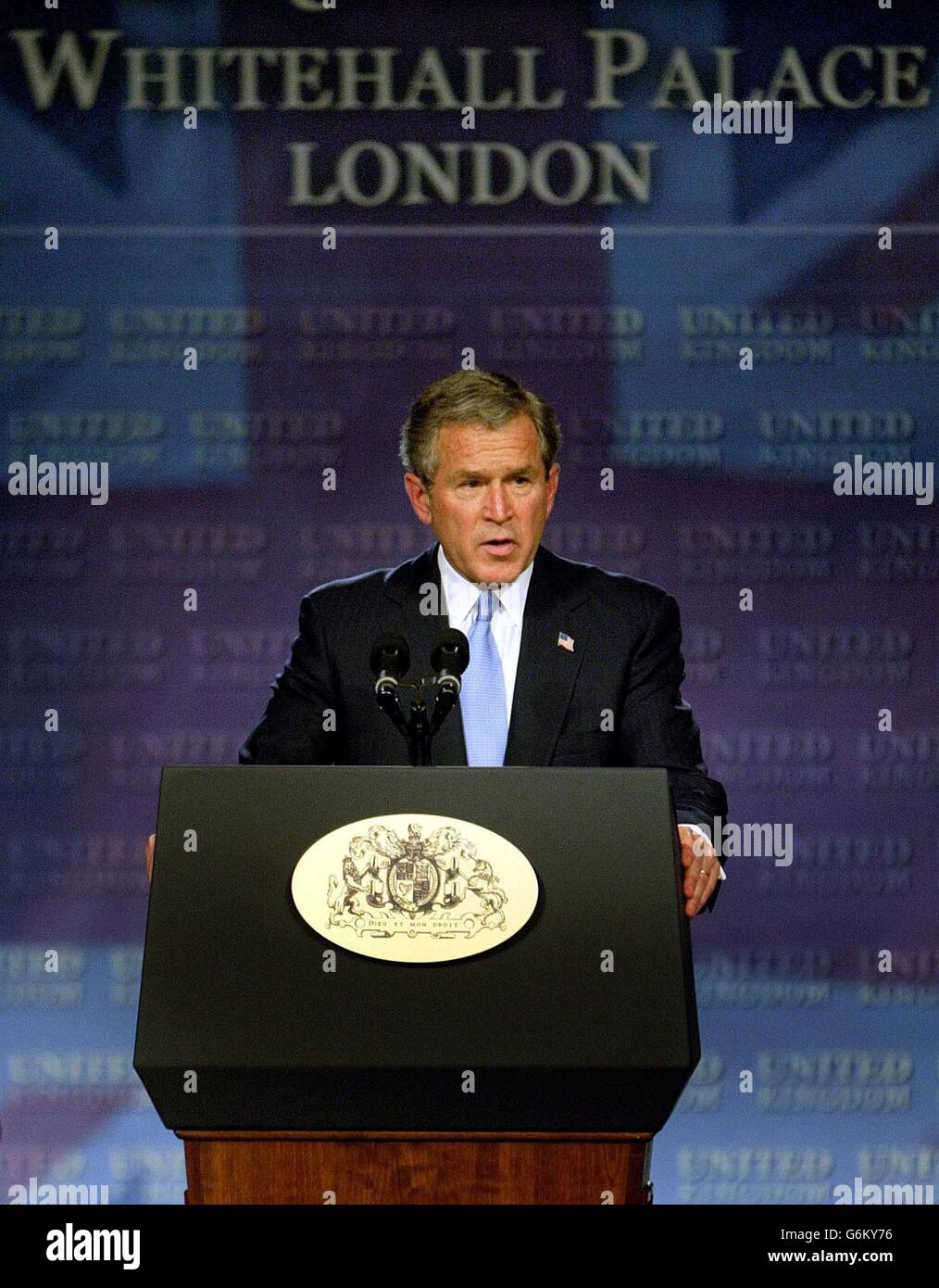 US President George Bush during his address in London's Banqueting House as he declared that the British and American peoples were united in an 'alliance of values' .Mr Bush recalled the idealism of his predecessor Woodrow Wilson, the last US President to stay at Buckingham Palace, whose appeals for global justice in the wake of the First World War led to the creation of the League of Nations. Stock Photo