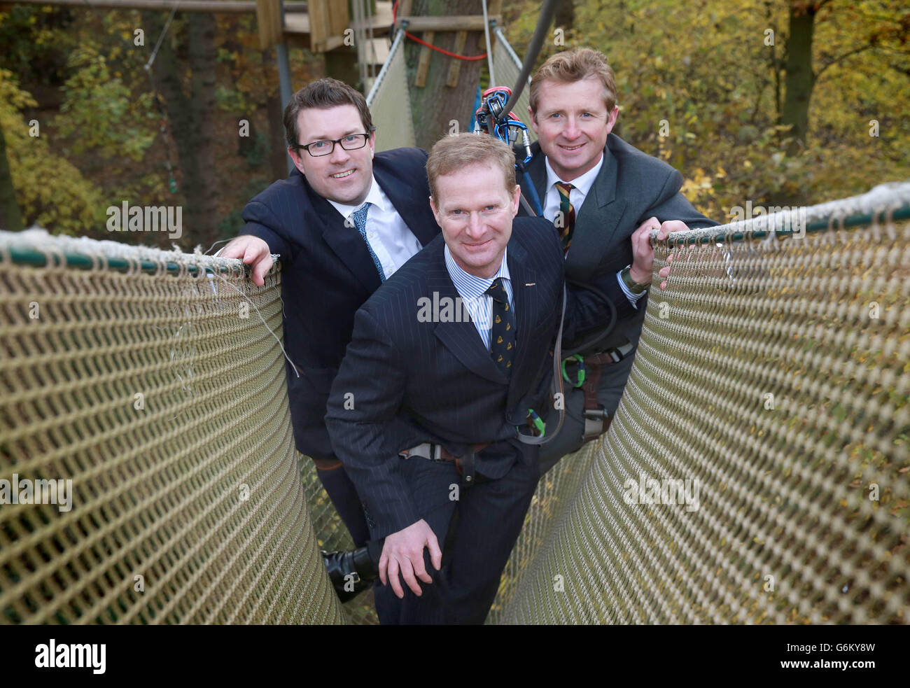 (Left to right) Nigel Ashfield, MD of TIME Investments, Stuart Nicol, Fund Manager of TIME:REBOOT VCT and Tristram Mayhew, Founder of Go Ape and Non-Executive Director of Reboot, experience the Tree Top Adventure at Go Ape in Cockfosters, north London, to launch a new Venture Capital Trust investing in ex-military entrepreneurs, TIME: REBOOT VCT. Stock Photo