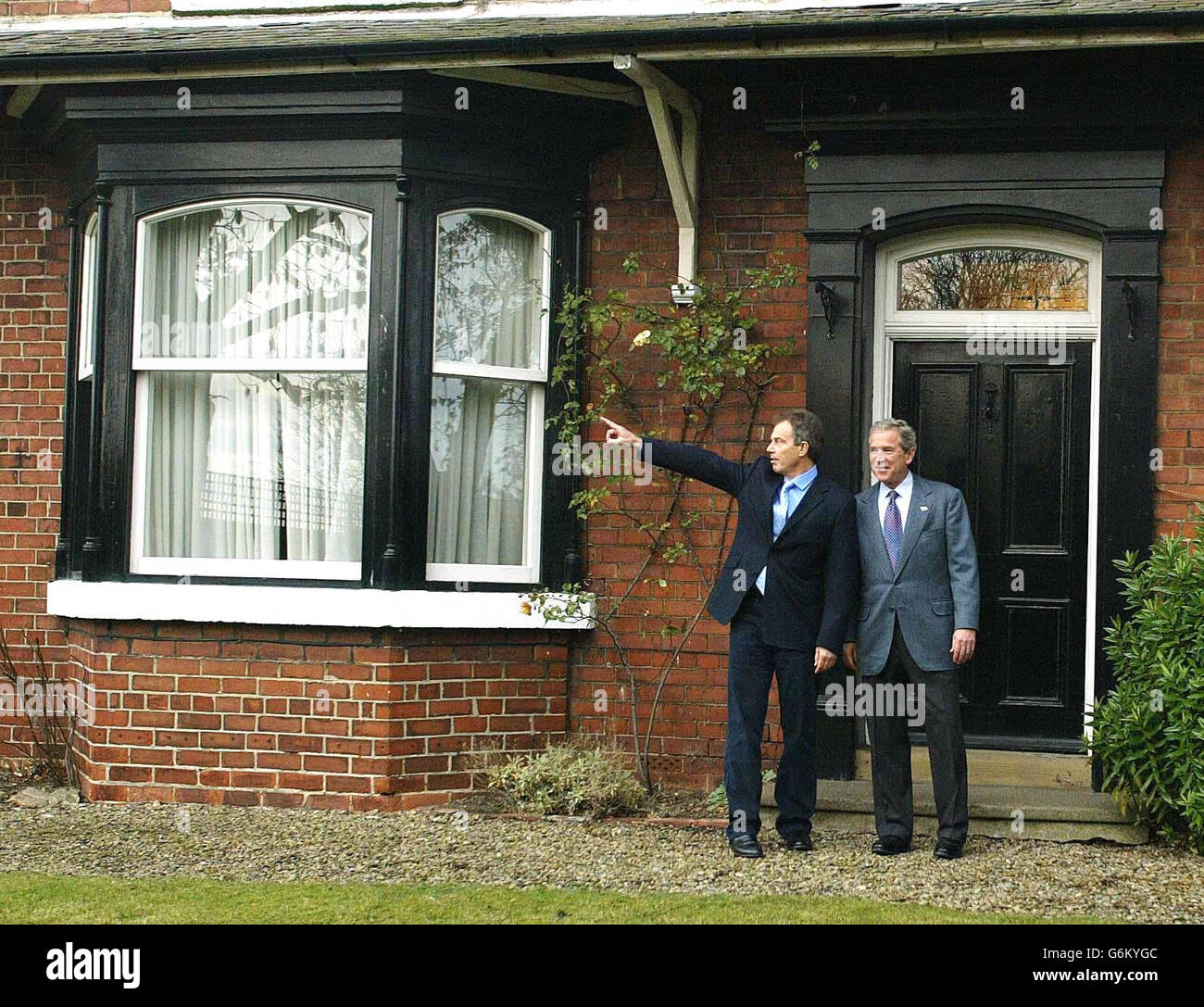 US President George Bush stood alongside Prime Minister Tony Blair outside Myrobella House, his constituency home in Country Durham. It was understood that today's trip was designed to offer the chance for the Mr Blair and President Bush to spend time together in more relaxed conditions, following the high-profile speeches, political discussions and pageantry of the past two days. Stock Photo