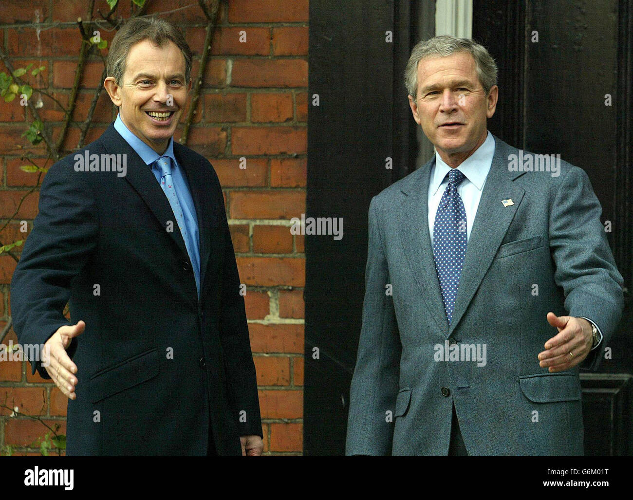 US President George Bush stood alongside Prime Minister Tony Blair outside Myrobella House, his constituency home in Country Durham. * It was understood that the trip was designed to offer the chance for the Mr Blair and President Bush to spend time together in more relaxed conditions, following the high-profile speeches, political discussions and pageantry of the past two days. *16/04/04: Tony Blair was meeting US President George Bush in the USA for talks expected to be dominated by the situation in Iraq. Stock Photo