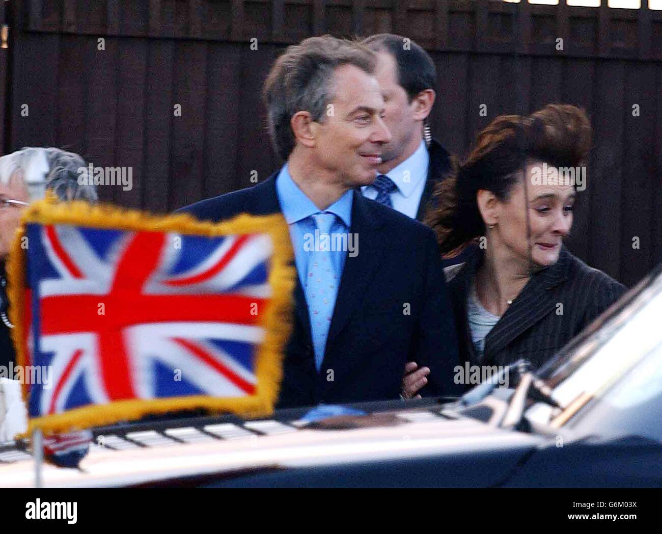 British Prime Minister Tony Blair, alongside his wife Cherie as the US President and wife, Laura depart form Mr Blair's constituency of Sedgefield in County Durham. It was understood that today's trip was designed to offer the chance for the Mr Blair and President Bush to spend time together in more relaxed conditions, following the high-profile speeches, political discussions and pageantry of the past two days. Stock Photo