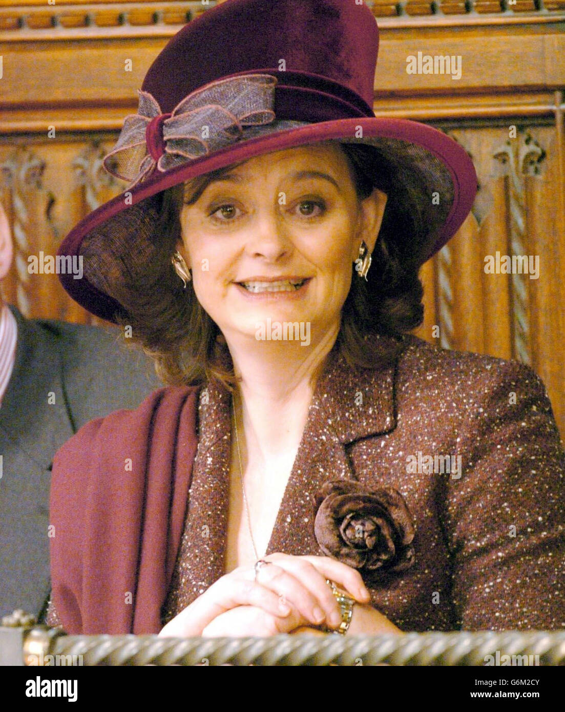 Cherie Blair, the wife of British Prime Minister Tony Blair, sits in a gallery in the House of Lords before Britain's Queen Elizabeth II makes the Queen's Speech to members of the House of Lord and the House of Commons during the State Opening of Parliament in London. Seated on the Throne in the House of Lords, The Queen formally announces the UK Government's legislative programme for the new parliamentary session. Stock Photo
