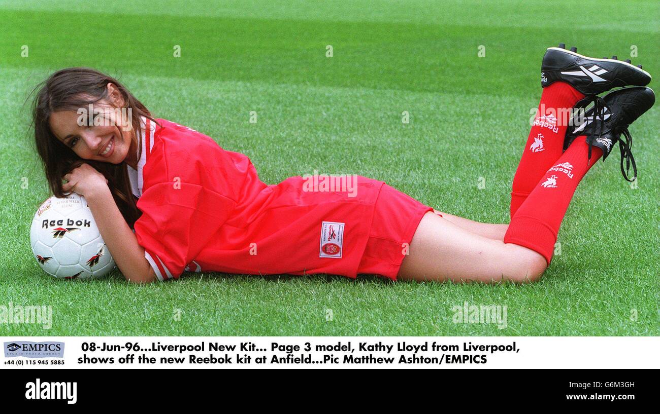 08-Jun-96. Liverpool New Kit. Page 3 model, Kathy Lloyd from Liverpool, shows off the new Reebok kit at Anfield Stock Photo