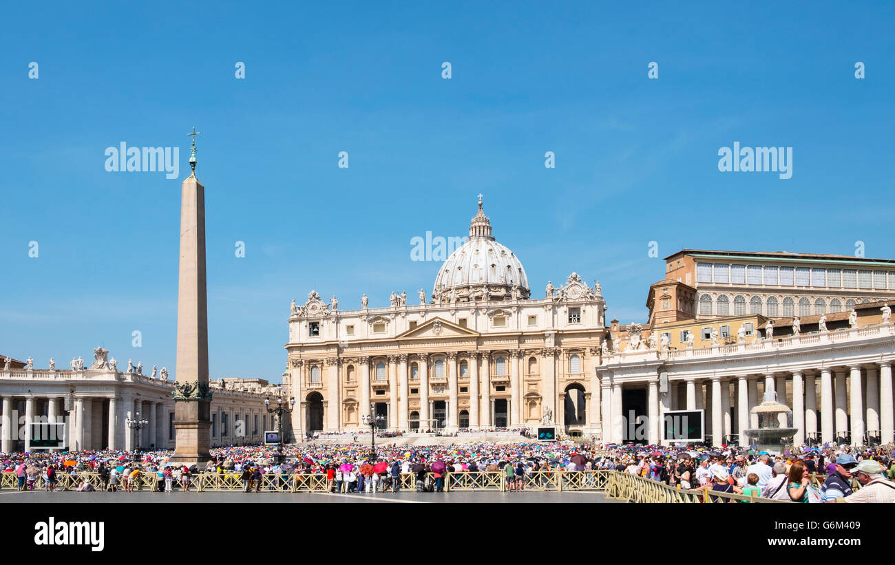 View of St Peters Basilica during general audience with the Pope in St Peter's Square in Vatican City Rome , Italy Stock Photo