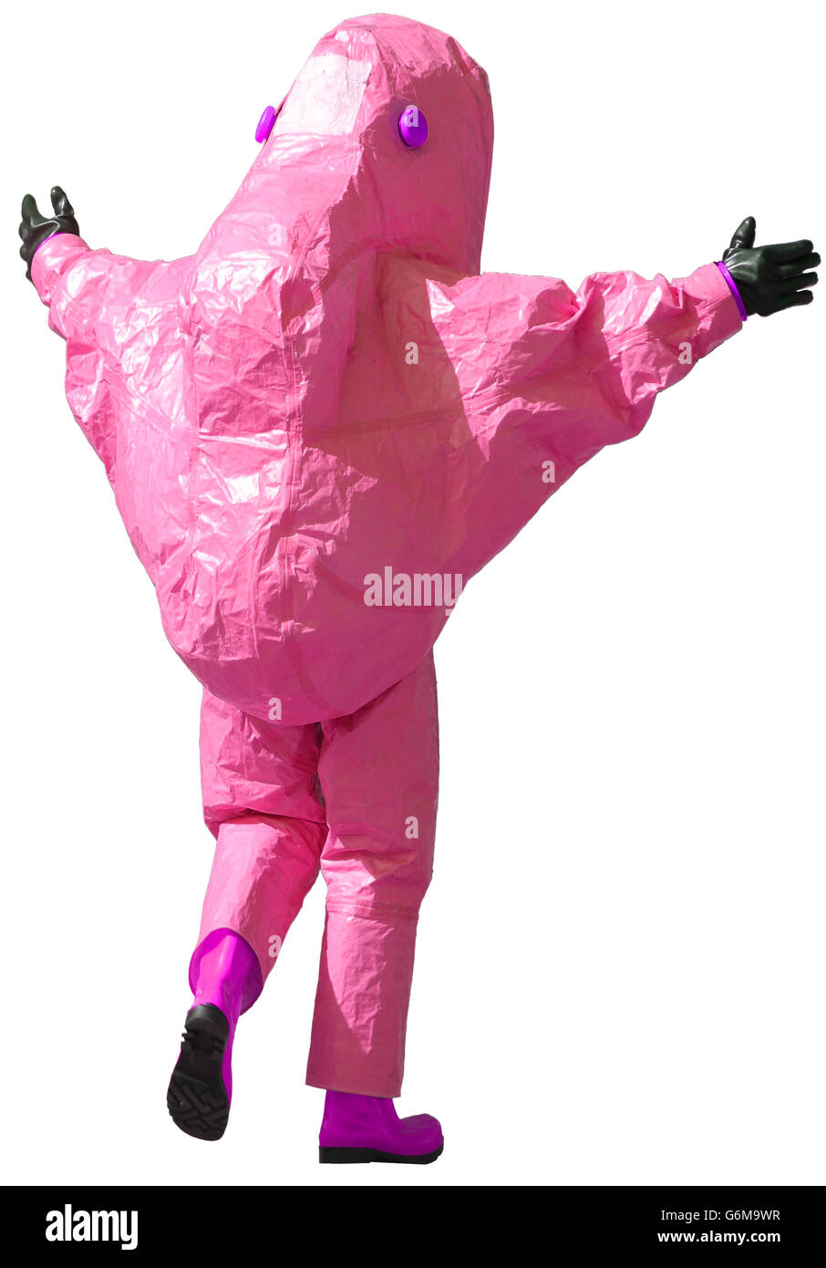 person with magenta protective suit to manage hazardous materials Stock Photo