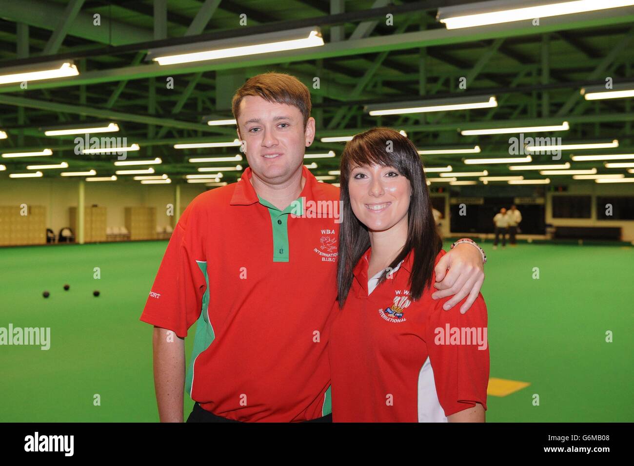 Jonathan Tomlinson (left) and his girlfriend Kelly Packwood after both were selected in the Wales Commonwealth Games team during the Bowls team announcement at Cardiff Indoor Bowls Club, Cardiff. Stock Photo