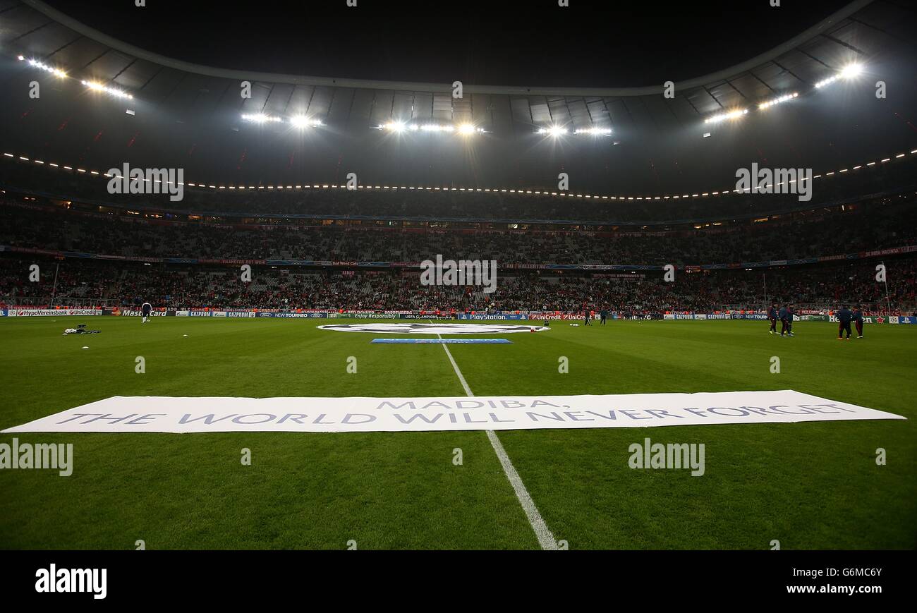 A general view of the Allianz Arena and UEFA Champions League branding  pitch side before the match Stock Photo - Alamy