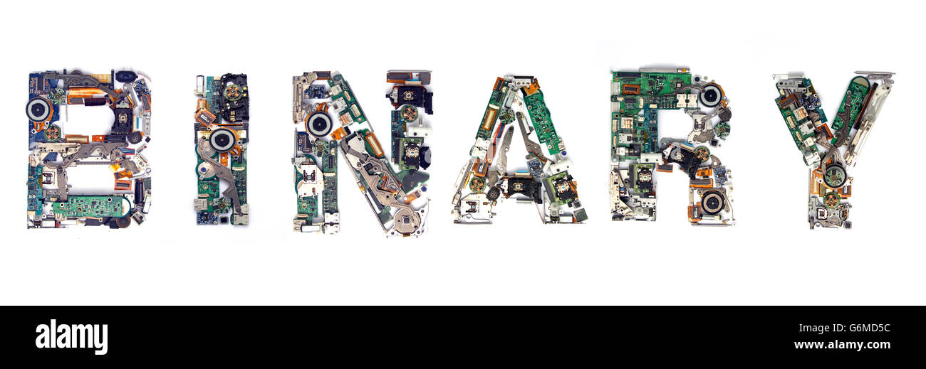 The word BINARY made with letters that are made of computer parts Stock ...