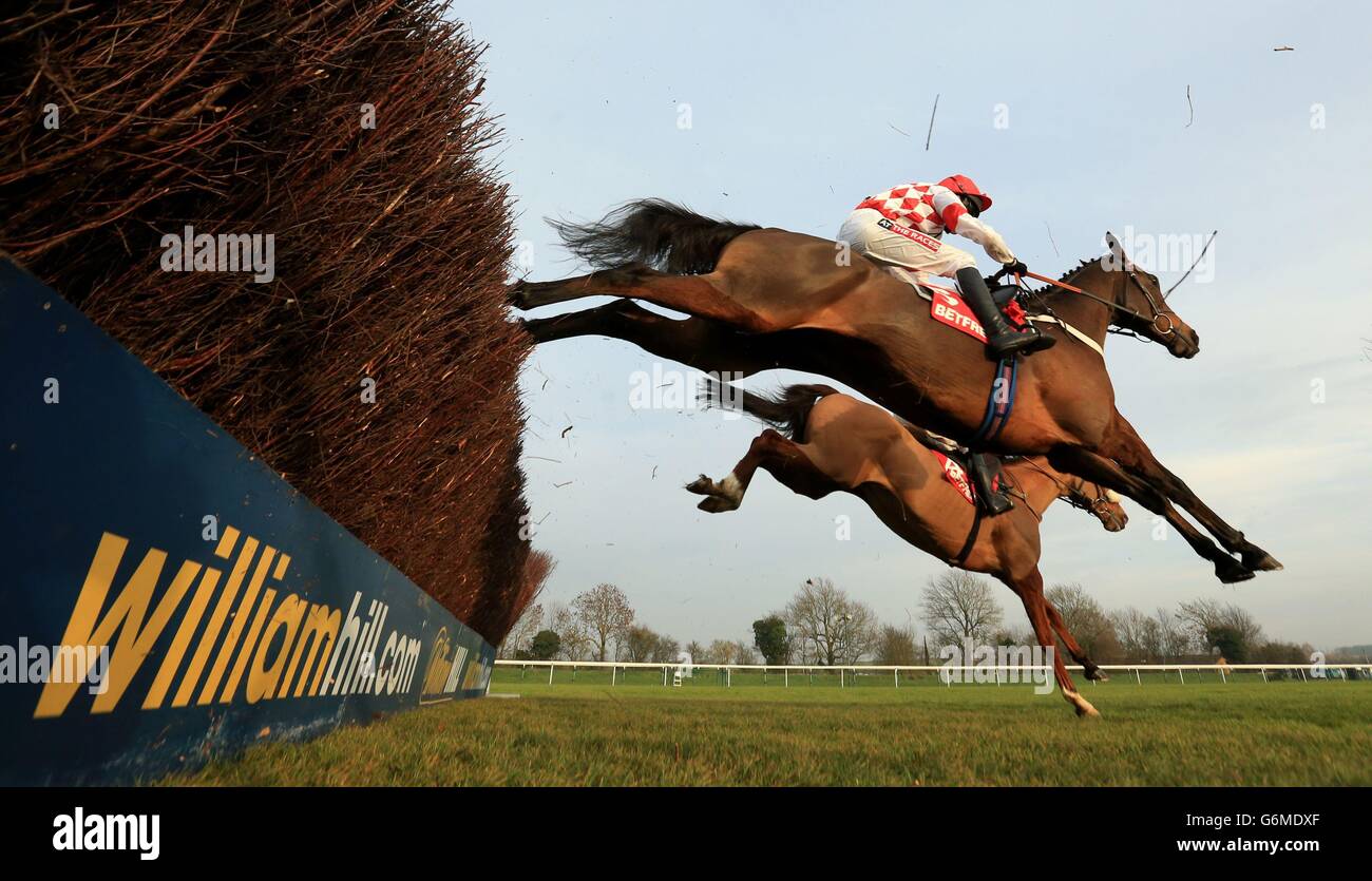 Riverside Theatre ridden by Barry Geraghty wins The Betfred Peterborough Steeple Chase at Huntingdon Racecourse. Stock Photo