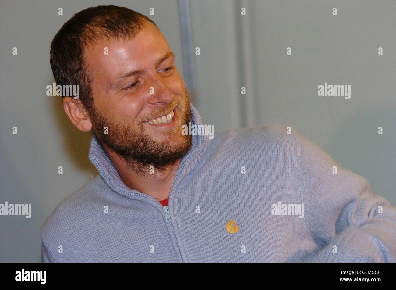 Freed hostage Mark Henderson during a press conference at Heathrow Airport, London. Mr Henderson, 32, flew in from Colombia where he was kidnapped by guerrillas while on a backpacking trip and spent 102 days captive in remote mountain jungles. After months of tension and worry he was finally released earlier this week. Stock Photo