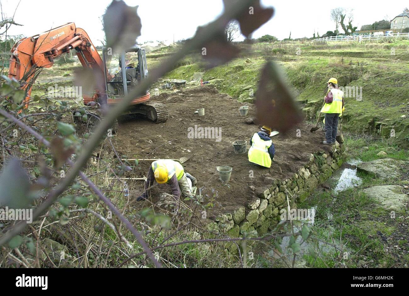 An archaeological dig underway at Carrickmines Castle, south Dublin, as a protestors seek a judicial review at the High Court in Ireland. Stock Photo