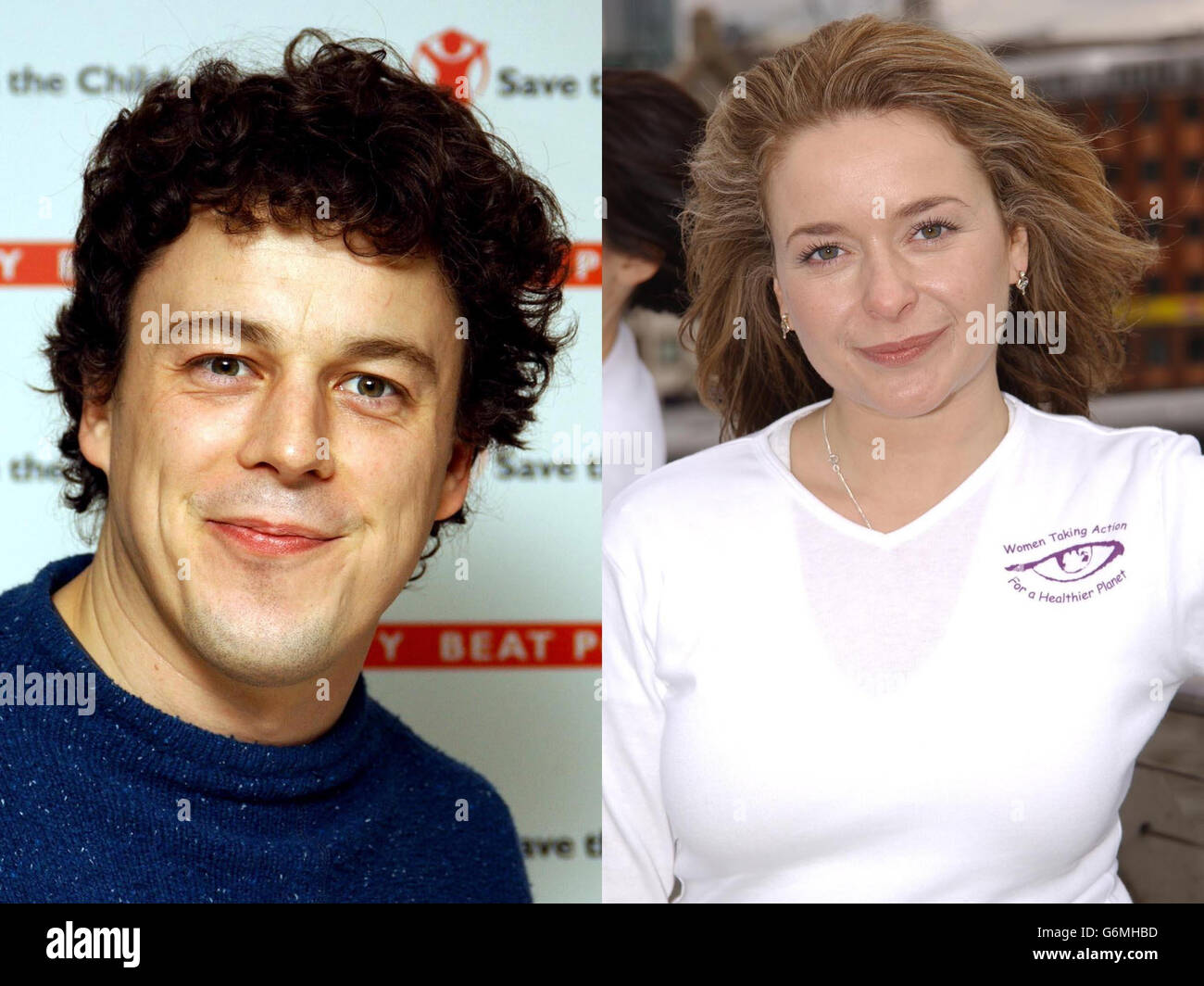 Composite file pictures of Actor Alan Davies at a Save the Children fundraising event in Aldwych, London, 28/11/2002 and his girlfriend Actress Julia Sawalha at a WEN (Women Taking Action for a Healthier Planet) photocall on the Millennium Bridge, London, 8/3/2003. The couple have said Tuesday 6 January 2004 that they are taking action over newspaper reports that they have secretly married. The comic and the Absolutely Fabulous star have denied they have tied the knot in secret as has been reported in some newspapers. Stock Photo
