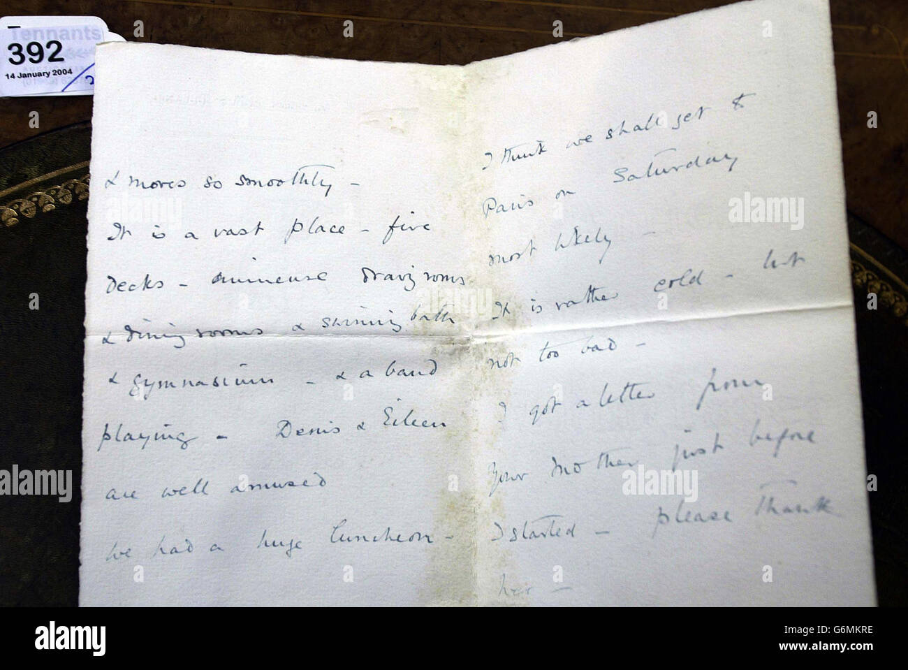 A letter dated April 10, 1912, written on board the RMS Titanic, at Tennants auctioneers in Leyburn, North Yorkshire, that is expected to fetch up to 20,000 an expert said. The letter was written on board the reputedly unsinkable liner on White Star Line RMS Titanic headed notepaper from passenger Miss Alice Lennox-Conyngham - who sailed on the first leg of the cruise, from Southampton to Cherbourg in France - to her nephew Master Alan C Duff, telling how the liner had narrowly avoided a collision even before it left Southampton. Stock Photo