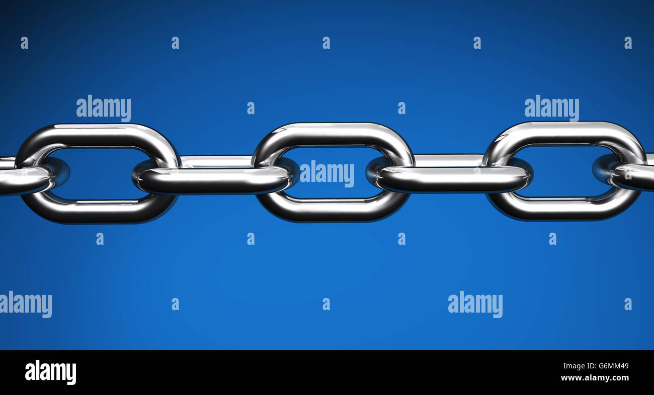 Steel chain web links and business collaboration concept closeup 3D illustration on blue background. Stock Photo