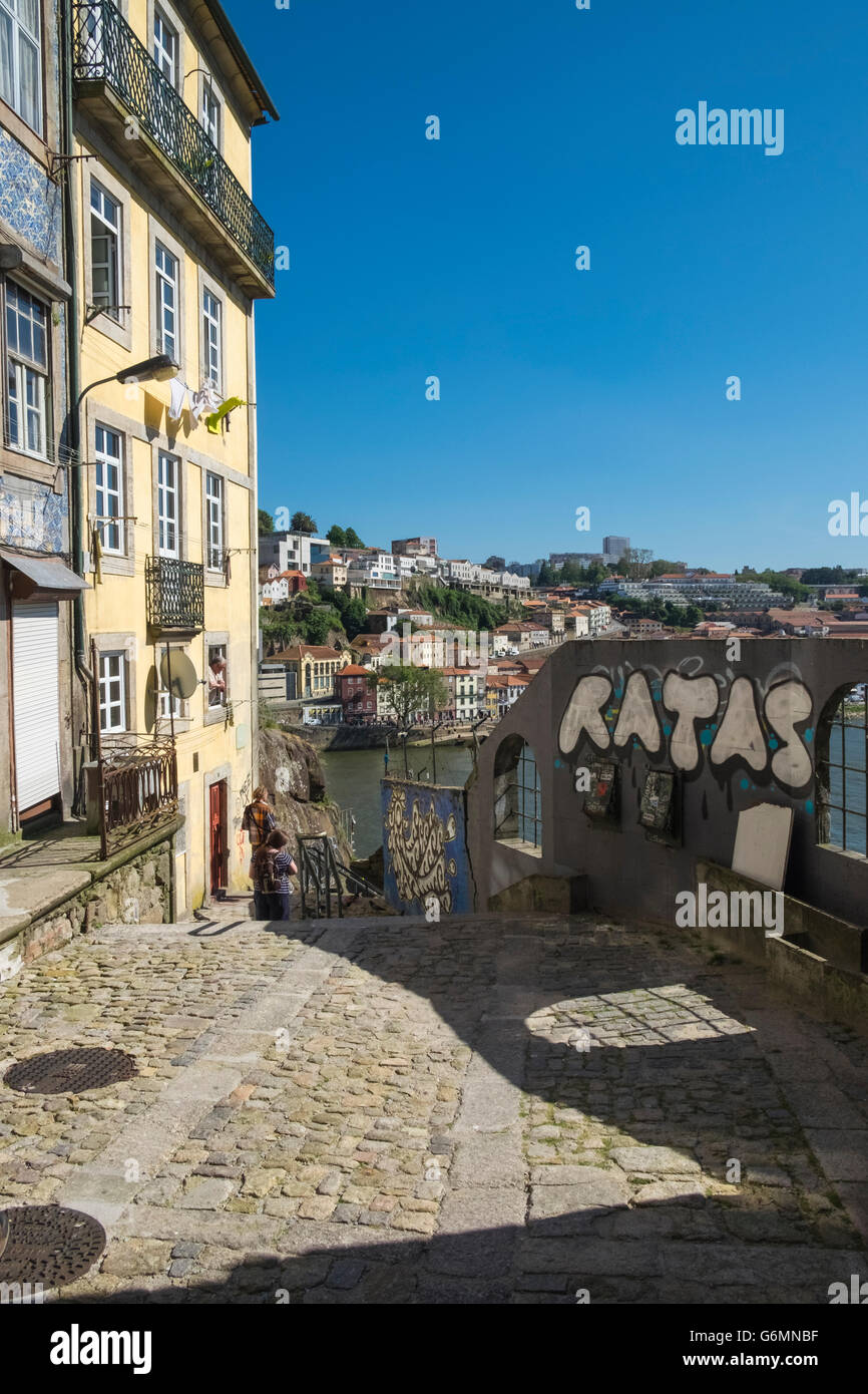 Old buildings in the historic Ribeira district of Porto, Portugal, near the Douro river. Stock Photo