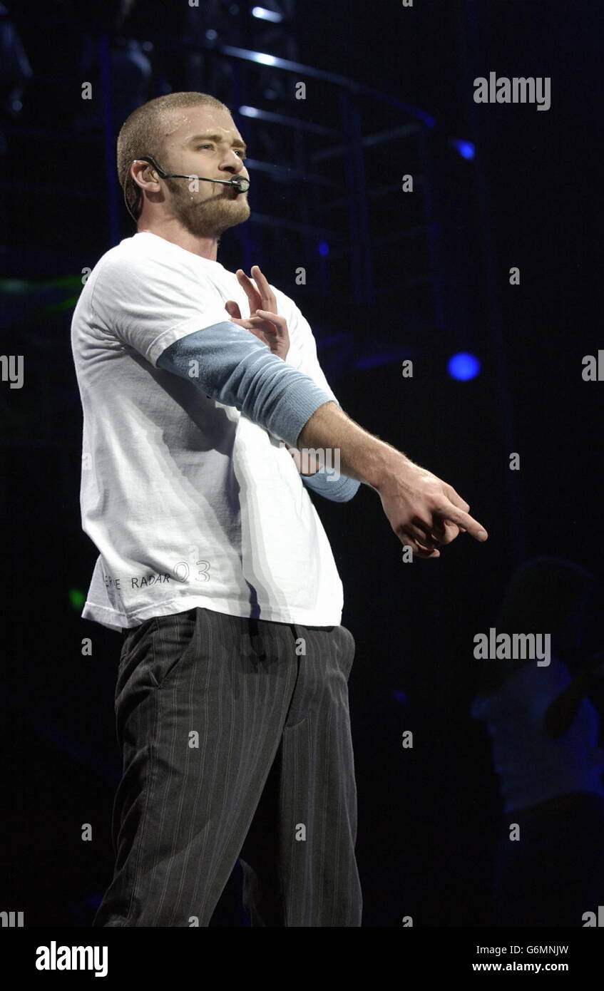 : Justin Timberlake performs on stage at Earl's Court in London during his second stadium tour of the year. Stock Photo