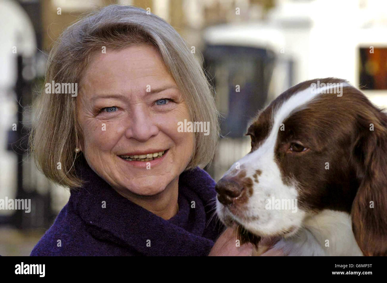British Army dog Buster with news correspondent Kate Adie after receiving the PDSA Dickin Medal, the animal equivalent of the Victoria Cross at London's Imperial Museum. Buster, a six-year-old Springer spaniel, broke a resistance cell in Safwan, southern Iraq, when he discovered a hidden cache of weapons and explosives. He is considered responsible for saving the lives of countless civilians and troops. Stock Photo