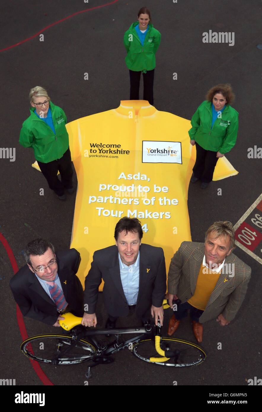 (bottom row left to right) ASDA External Affairs Director Paul Kelly, Deputy Prime Minister Nick Clegg and Commonwealth bronze medal cyclist Malcolm Elliott are joined back Tour Makers, (top row left to right) Katie Denton, Nicola Holloway and Carla Gillott, during the Grand Depart Tour Maker launch at Bradway Primary School, Sheffield. Stock Photo