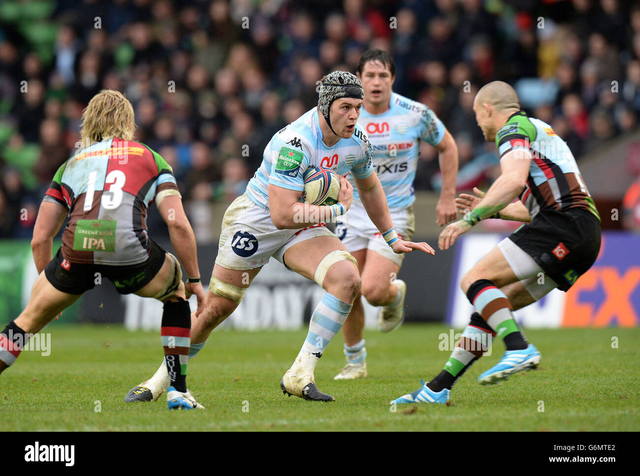 Racing Metro 92's Dan Lydiate looks for a way past Harleqiuns' Mike Brown during the Heineken Cup, Pool Four match at Twickenham Stoop, London. Stock Photo
