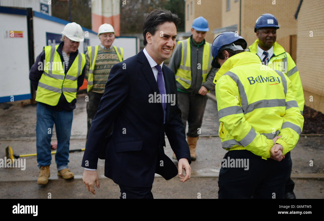 Labour leader Ed Miliband visits Chrysalis Park housing development in Stevenage which is made up of social and private homes where Mr Miliband met a couple who have recently moved into one of the houses and later saw homes still under development and met construction workers. Stock Photo