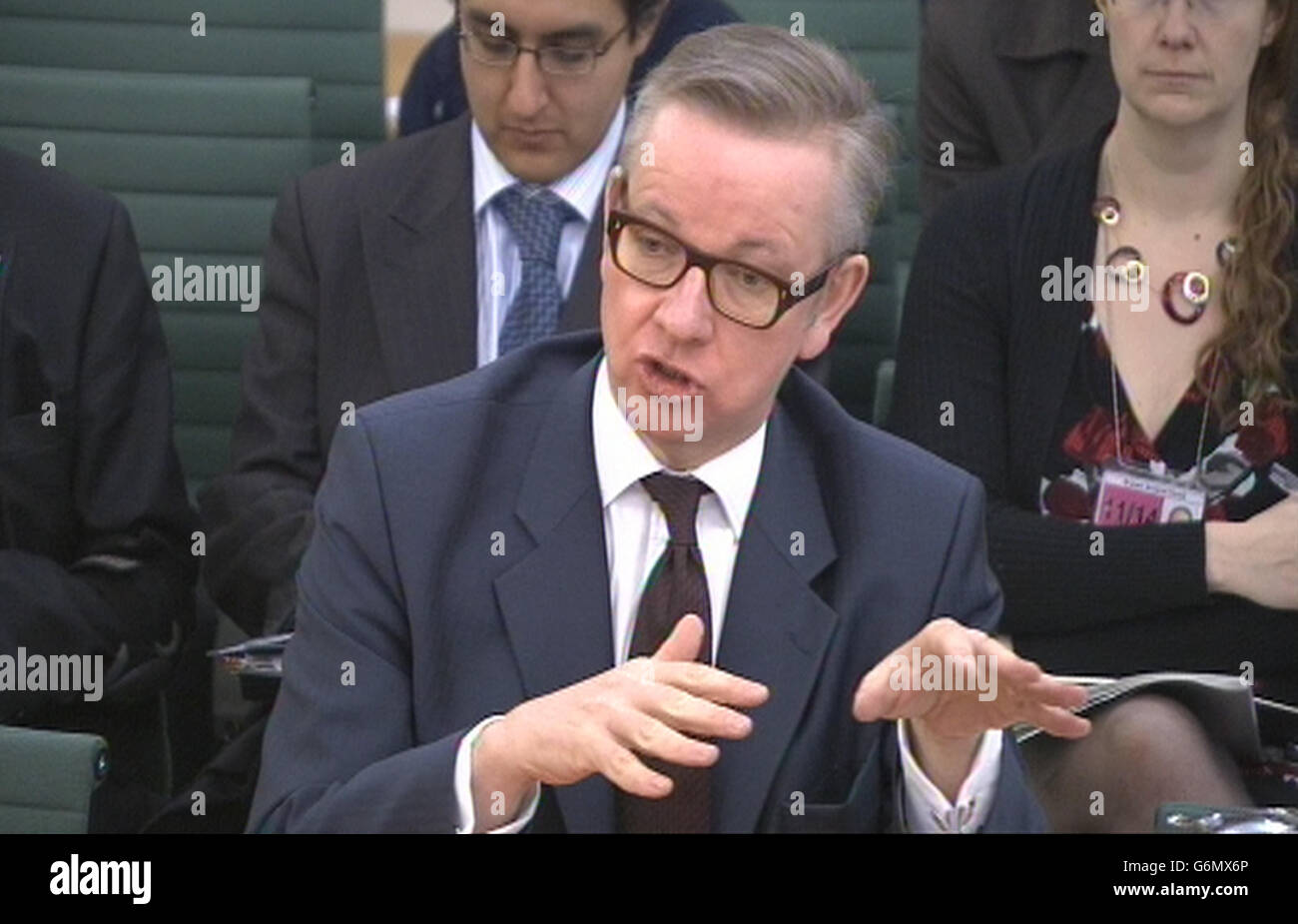 Education Secretary Michael Gove answers questions at a House of Commons Education Select Committee on school accountability, qualifications and curriculum reform at Portcullis House in London. Stock Photo