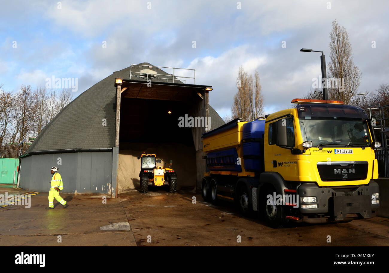 Roads Minister Robert Goodwill, visits the South Mimms maintenance depot, who are preparing road salt to keep the M25 and feeder routes clear during the winter months, South Mimms, Hertfordshire. Stock Photo