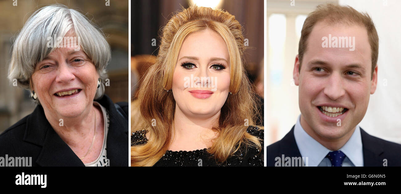 File photos of (from the left) Ann Widdecombe, Adele and the Duke of Cambridge. Stock Photo