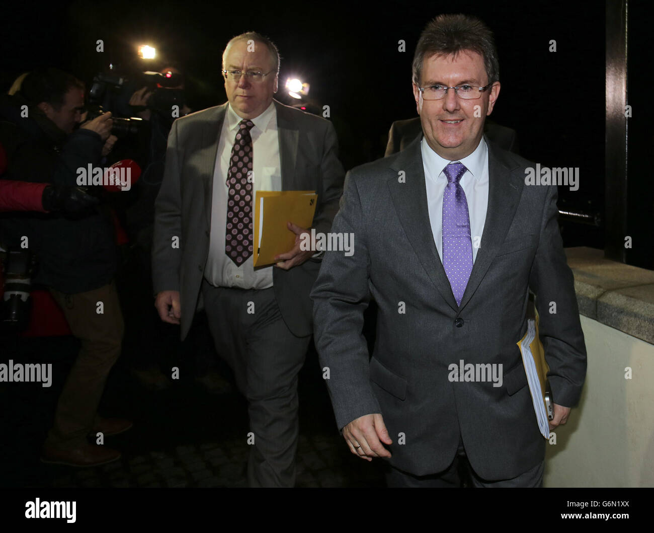 Jeffrey Donaldson (right) DUP, with Rev Mervyn Gibson, arrive at the Stormont Hotel Belfast, to meet Dr Richard Haass, and the other executive parties involved in the current peace talks. Stock Photo