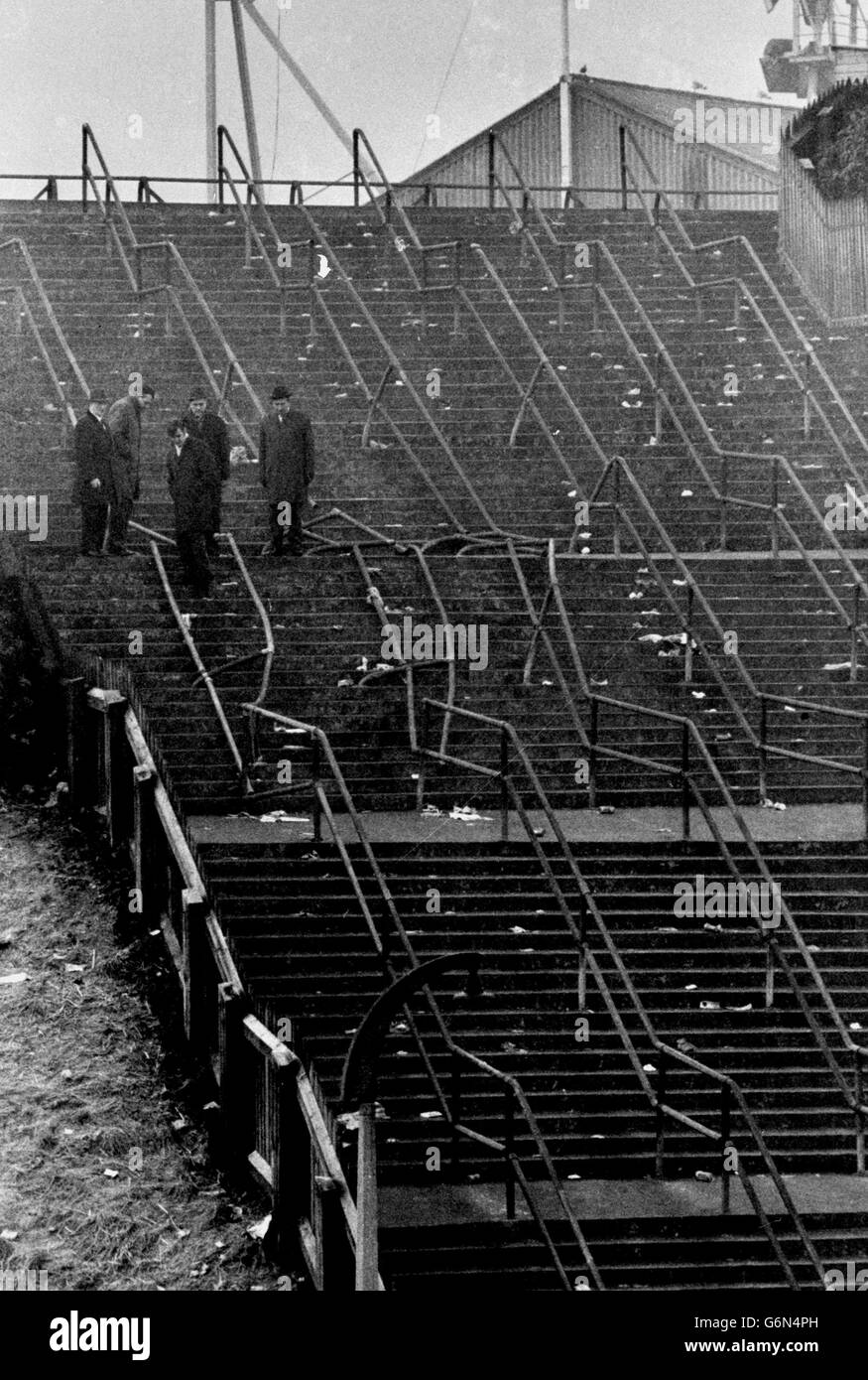 The crushed barriers at Ibrox Stadium in Glasgow, where 66 people died after the crowd disaster yesterday, which followed the Rangers v Celtic match. Stock Photo