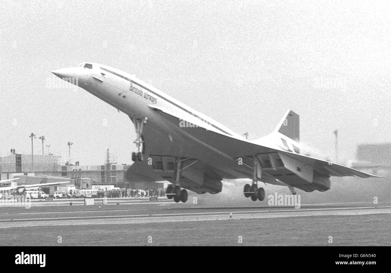 Taking off on her maiden commercial flight is Britain's supersonic Concorde, bound for Bahrain. The British Airways plane took off at about the same moment as an Air France Concorde which was inaugurating the first Paris-Rio de Janeiro supersonic service. The 3,500 mile London-Bahrain flight will take just four hours 15 minutes - two hours less than the fastest subsonic jets. Stock Photo