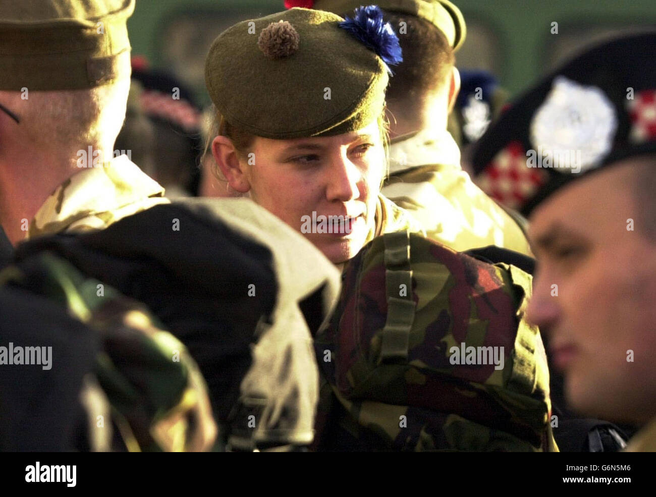 Territorial Army troops - including Private Jolene MacKay (centre), a store assistant from Wick - from the 51st Highland Regiment, prepare to leave their Perth Headquarters, their families and jobs for a four-month tour of duty in Iraq. Around 80 Highland troops will be based in Basra, where they will guard the Shaibah airfield in the south west of the city. Stock Photo