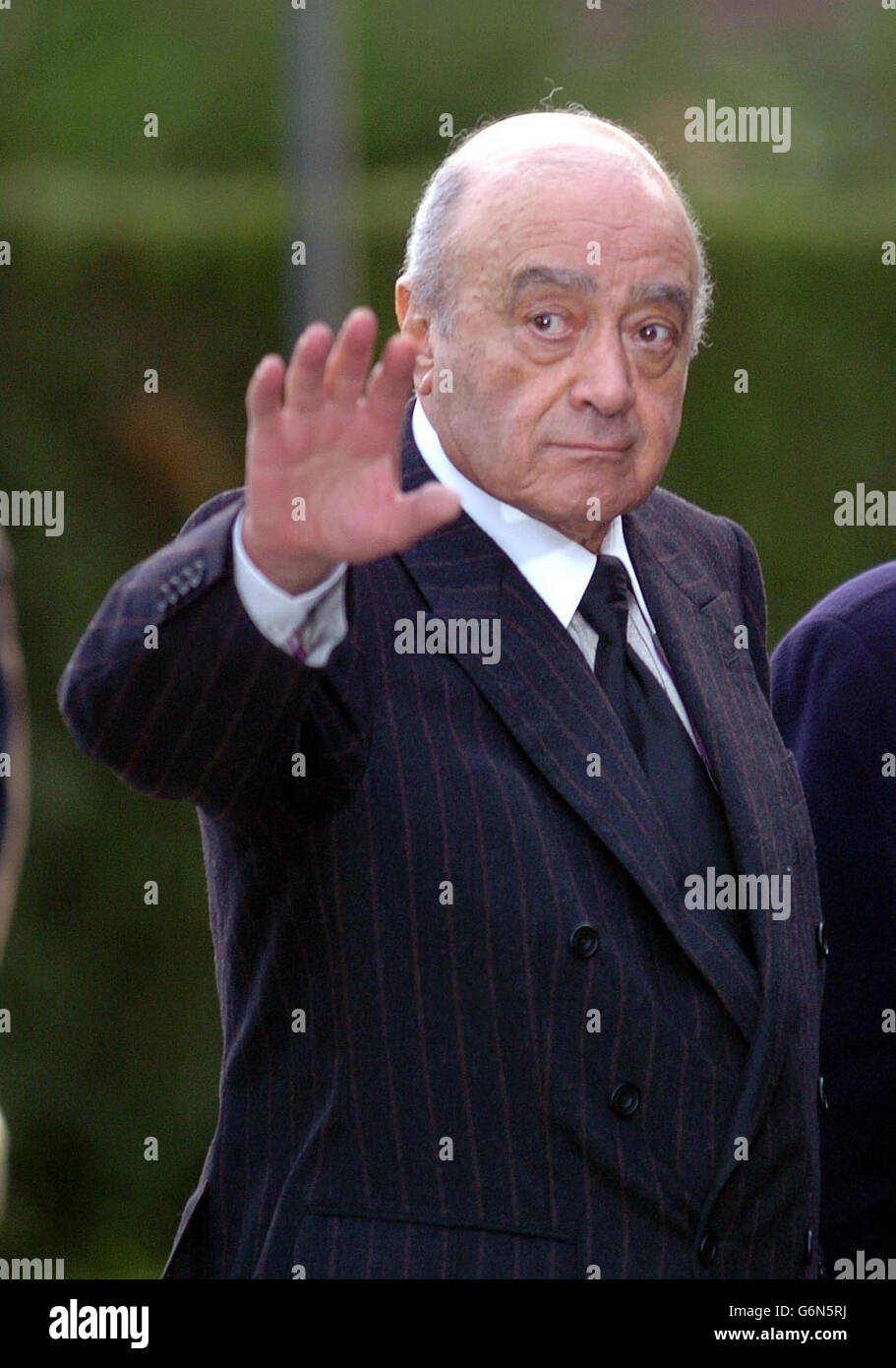 Mohamed al Fayed arrives at the inquest into the death of his son, Dodi Fayed, at Wray Park in Reigate. It followed the opening of an inquest earlier today at the Queen Elizabeth II conference centre in Westminster, London, into the death of Diana, Princess of Wales. Diana, 36, and her playboy boyfriend 42-year-old Ehmad Al Fayed, nicknamed Dodi, were killed with chauffeur Henri Paul when their Mercedes crashed in the Pont d'Alma tunnel in Paris on August 31 1997. Stock Photo