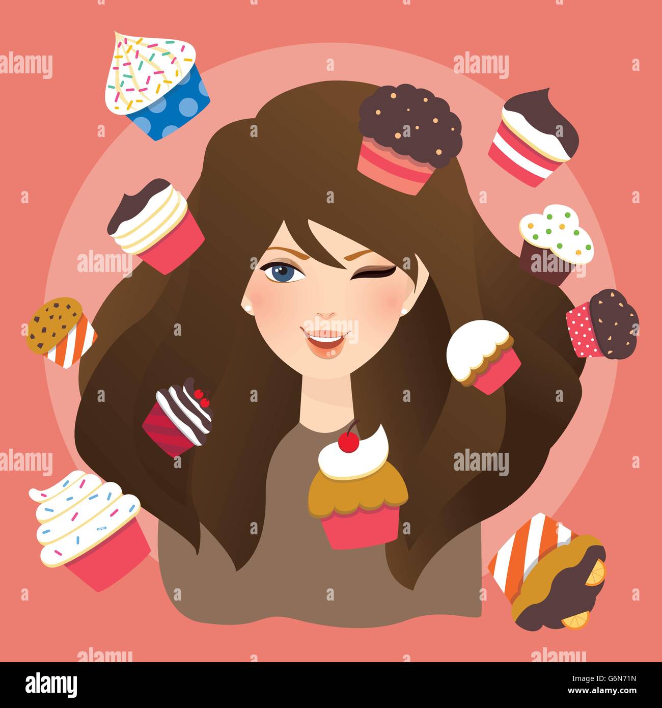 beautiful girls woman with cup cakes illustration Stock Vector