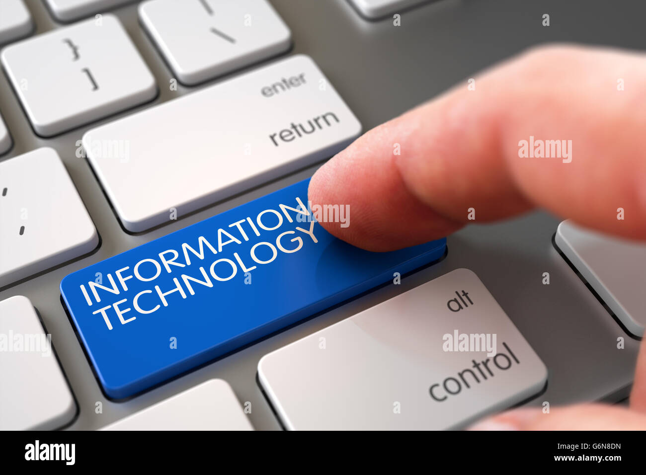 Hand Touching Information Technology Button. Stock Photo