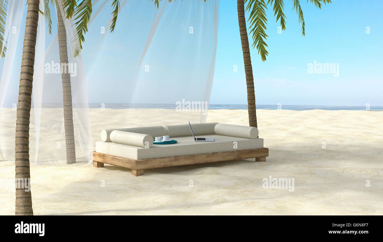 Lounger with laptop on the beach, 3D rendering Stock Photo