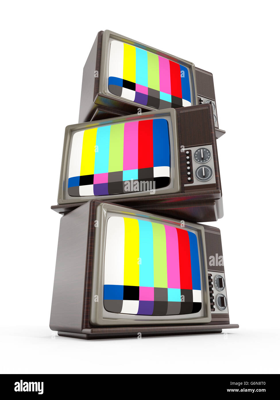 Old analogue television stack with test screen. 3D illustration Stock