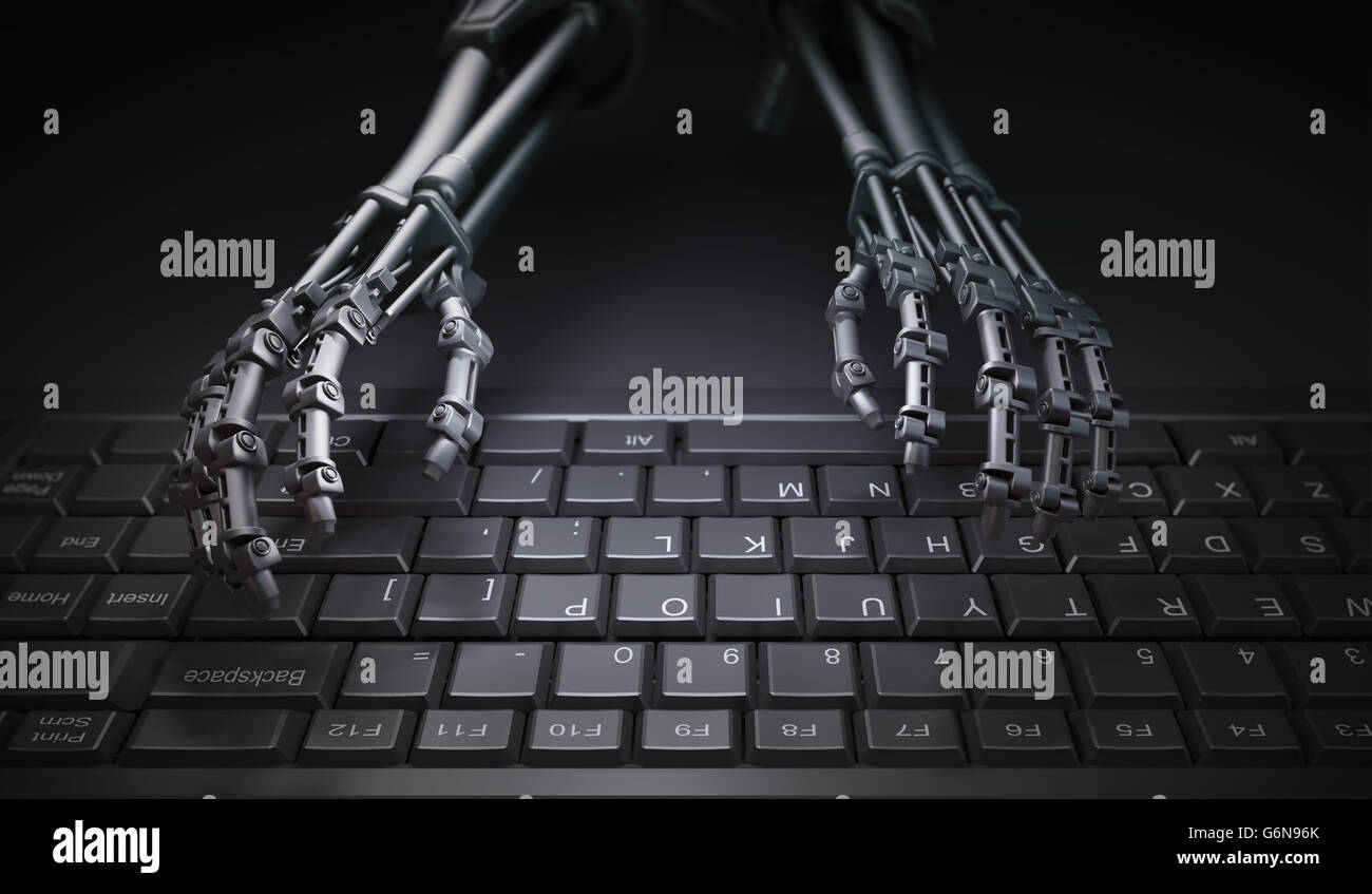 Robot typing on a computer keyboard - automation and AI research concept illustration Stock Photo