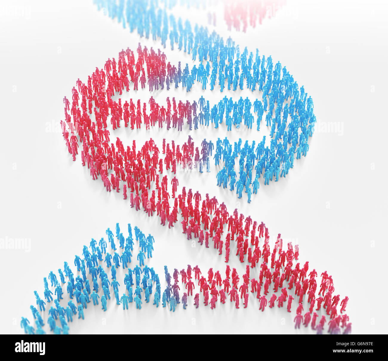 Tiny people forming a DNA helix symbol - genetics research and population wide genetic traits concept Stock Photo