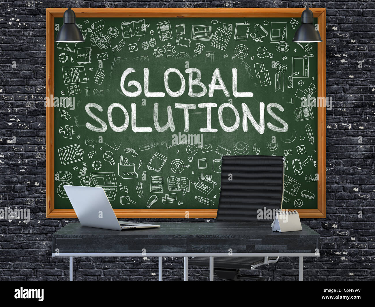 Global Solutions on Chalkboard with Doodle Icons. Stock Photo