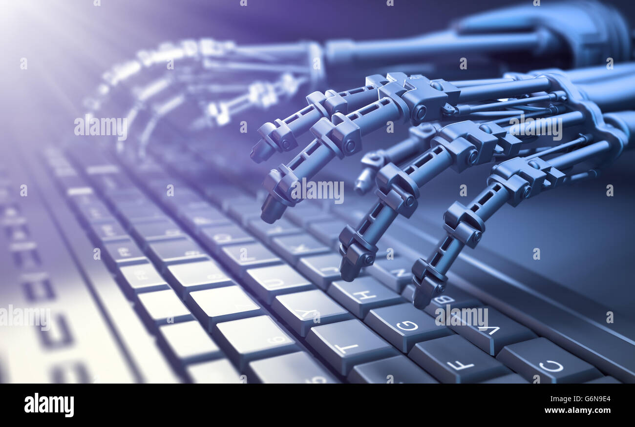 Robot typing on a computer keyboard - automation and AI research concept illustration Stock Photo