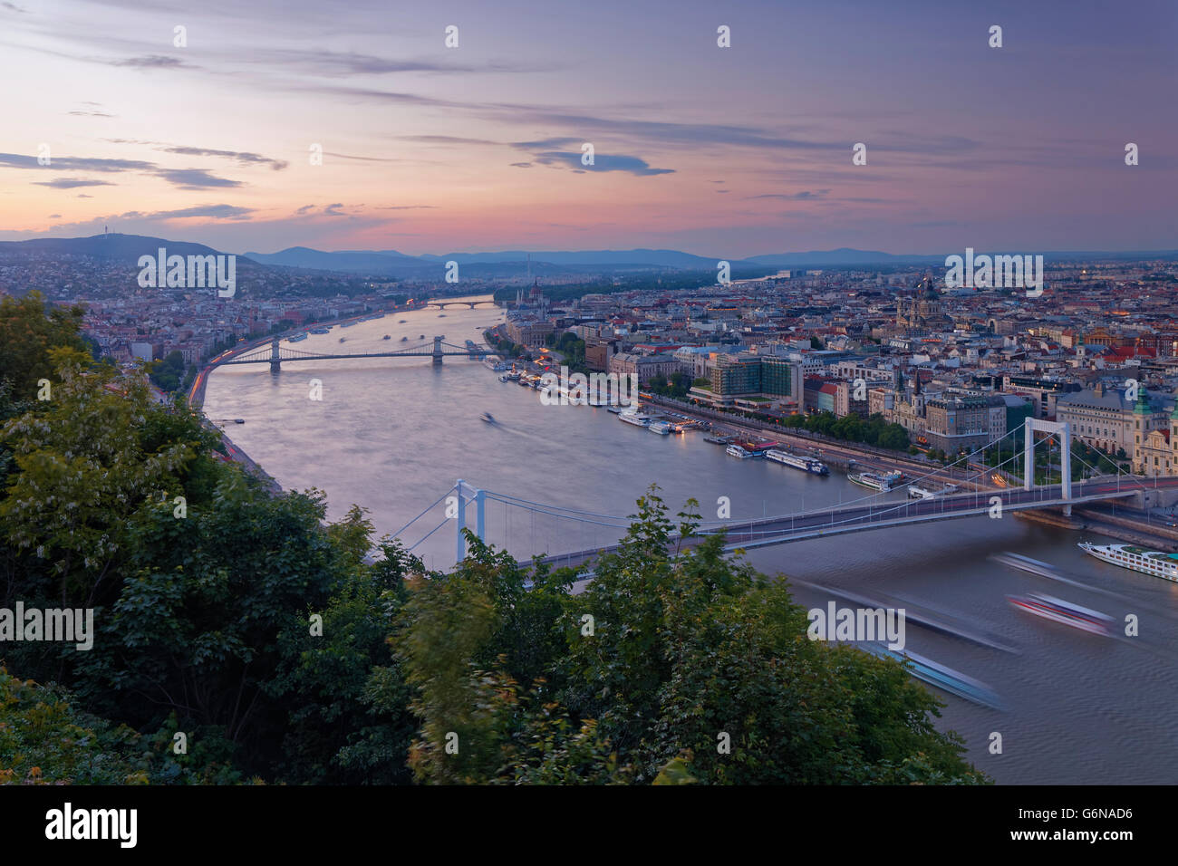 Hungary, Budapest, Danube river with Elisabeth Bridge and Chain Bridge ...