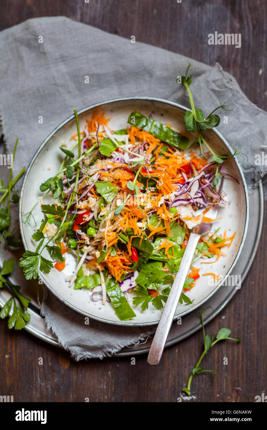 Rainbow salad with spinach leaves, peas, carrots, mung bean sprouts